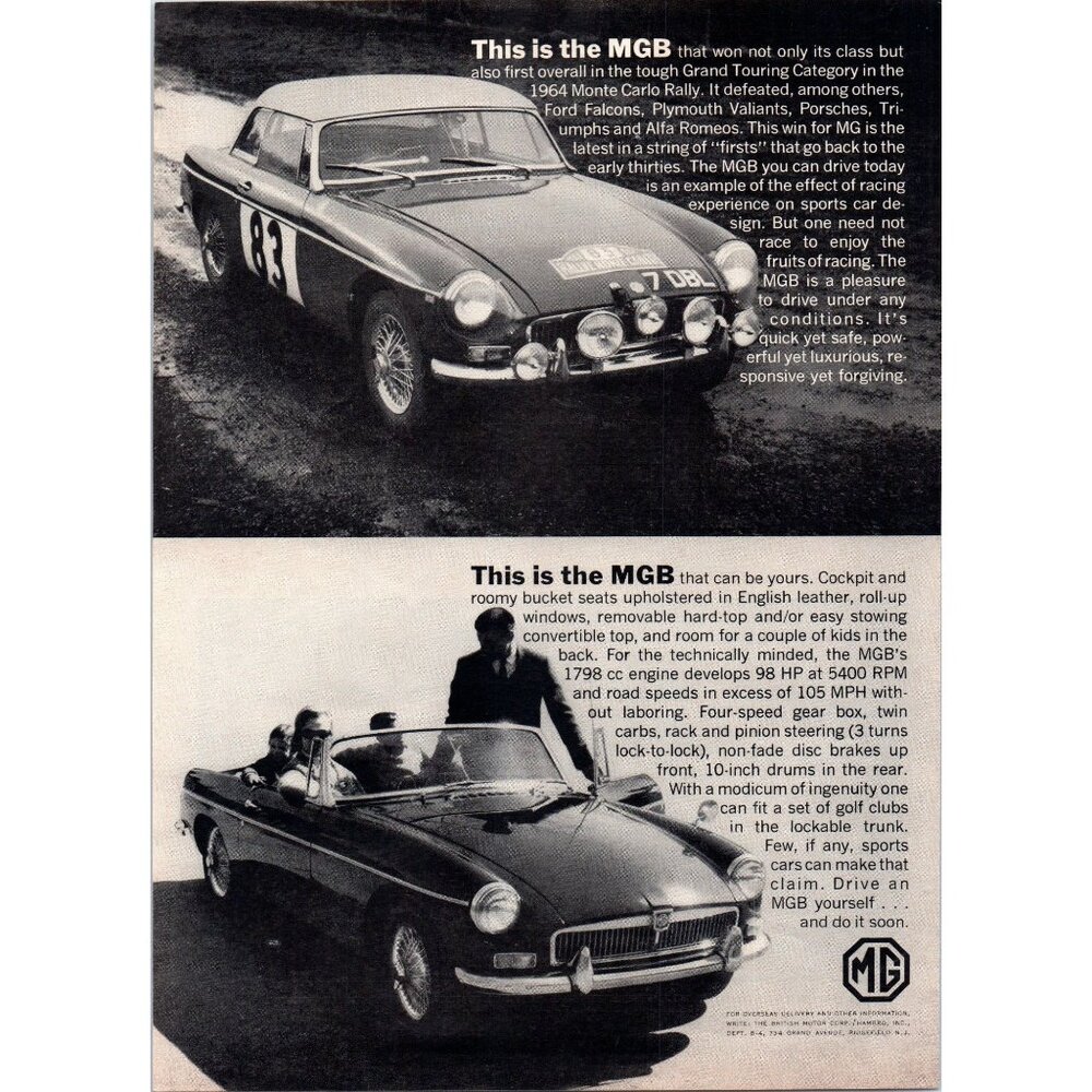 1964 MG MGB Roadster Vintage Print Ad Monte Carlo Rally Race Car 60s Wall Art